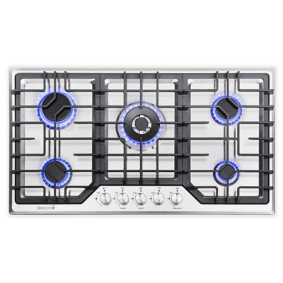 Trifecte 20" 22" 24" 30" 36" 40" 48" 60" Silver Smart Natural Gas 5 Burner Cooktop with Dual Size Power Burner and with Downdraft Ventilation