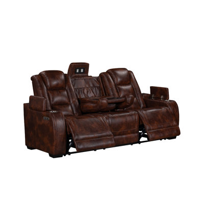 Choi Power Recliner Sofa, Storage Arms, Drop Down Table, Brown Faux Leather