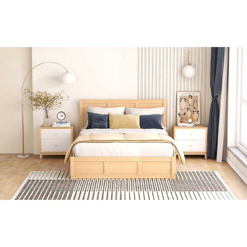 Lit plateforme en bois avec rangement inférieur et 2 tiroirs, bois, Double