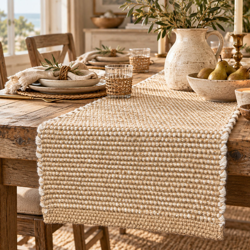 Chemin de table en coton Jute, 90" L, Jute-Ivory