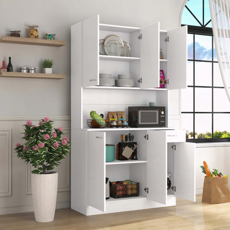 Armoire de cuisine haute avec 6 portes, tablettes ouvertes et tiroir, Blanc