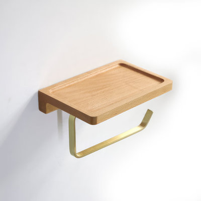 Kissena Modern Brass Toilet Paper Holder with Wooden Shelf