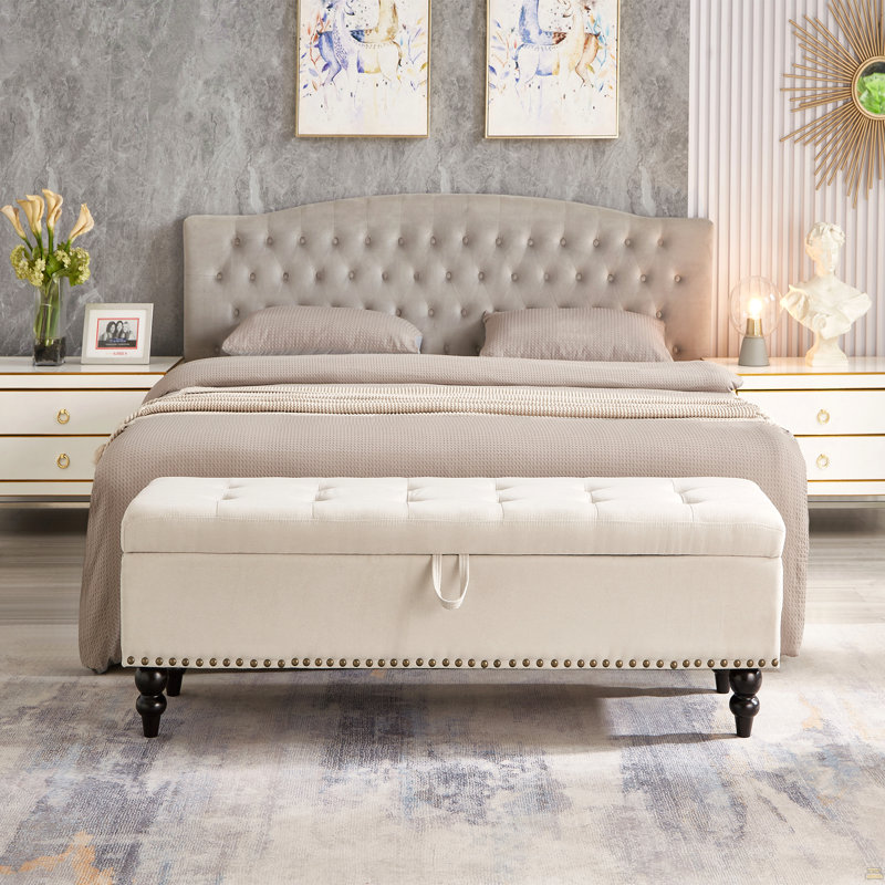 Banc repose-pieds 59 po avec rangement en tissu beige