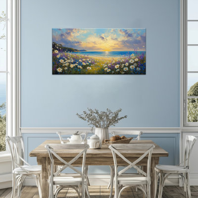 "Beach", art mural encadré - "Daisy Beach", art mural sur toile de scène de coucher de soleil côtier pour le salon, vue sur la mer, reproduction d'art sur toile, 12 x 24 pouces