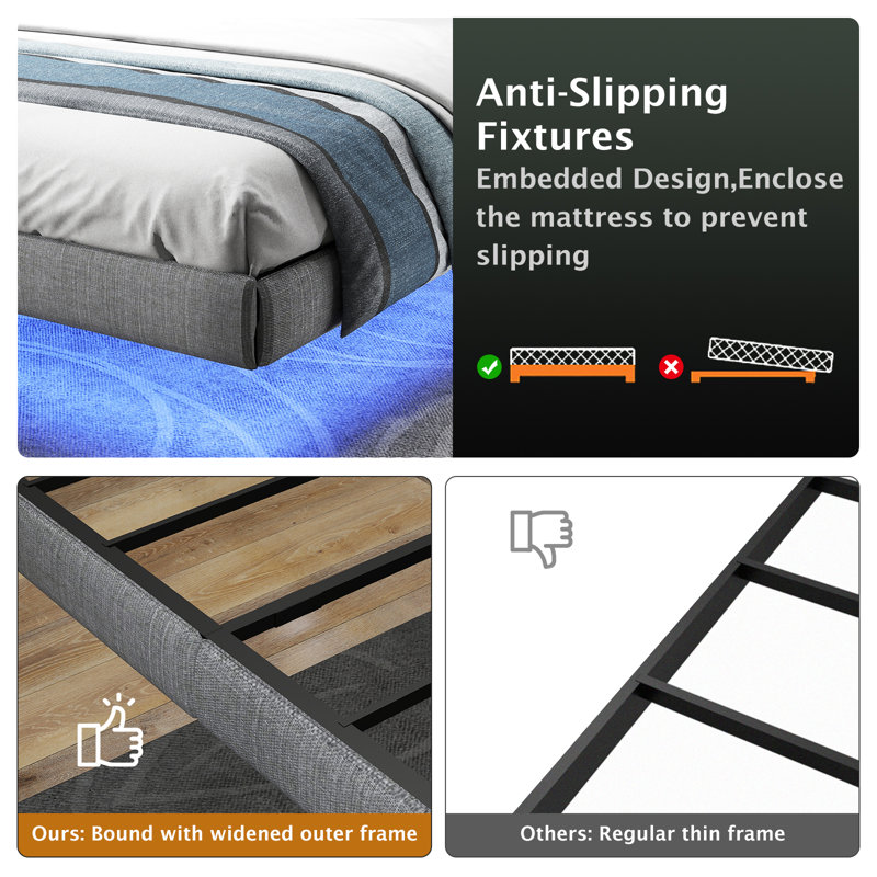 Cowen Floating Bed Frame with LED Lights Metal Slats Underbed Storage Space No Box Spring, Queen, Gray