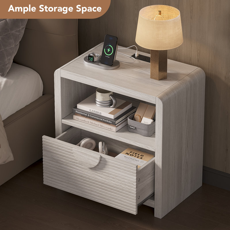 24''H 1-Drawer Nightstand With Charging Station, Modern Bedside Cabinet With Thick Slatted Panel Design For Bedroom, Curved Profile(Set of 2)