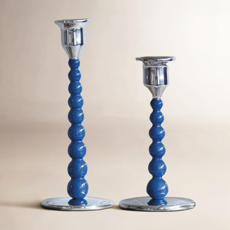 Pearled Aluminum Tabletop Candlestick, 6.74" H x 3.54" W x 3.54" D, Blue