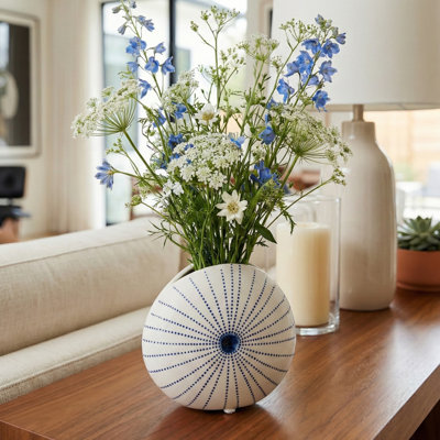 Round Shell Ceramic Vase For Living Room Decor - Stylish Dotted Pattern Flower Vase For Table Centerpiece, Shelf Accent, Or Home Decor