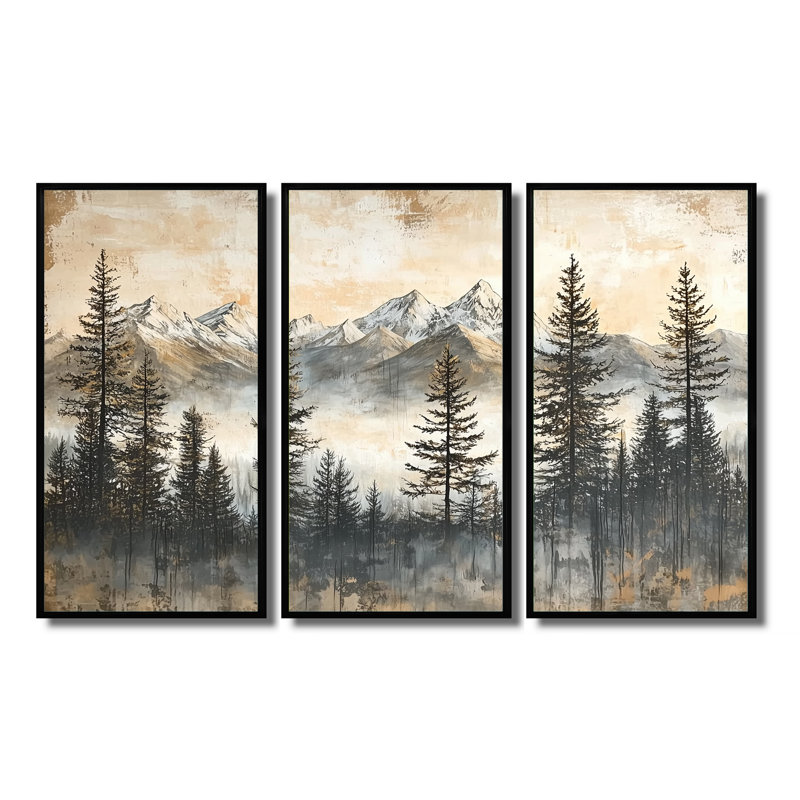 Timber and Peaks Mountain Simplicity in Winter IV - Art mural de grandes montagnes - 3 panneaux, Noir, H 32 po x l 48 po