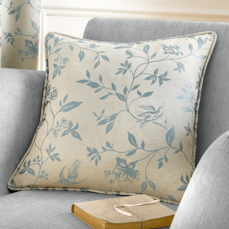 Bird Trail Floral Square Throw Pillow Cover, Duck Egg Blue
