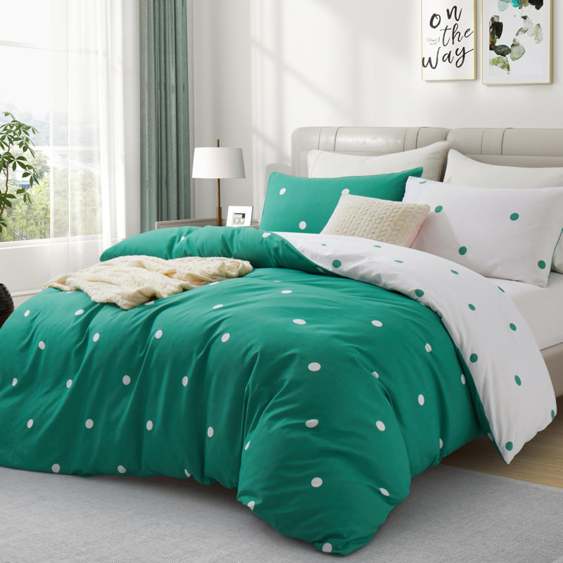 Reversible Microfiber Duvet Cover Set - 2 in 1 Pattern Printed Duvet with Matching Pillow Covers, Green/White Polka Dots