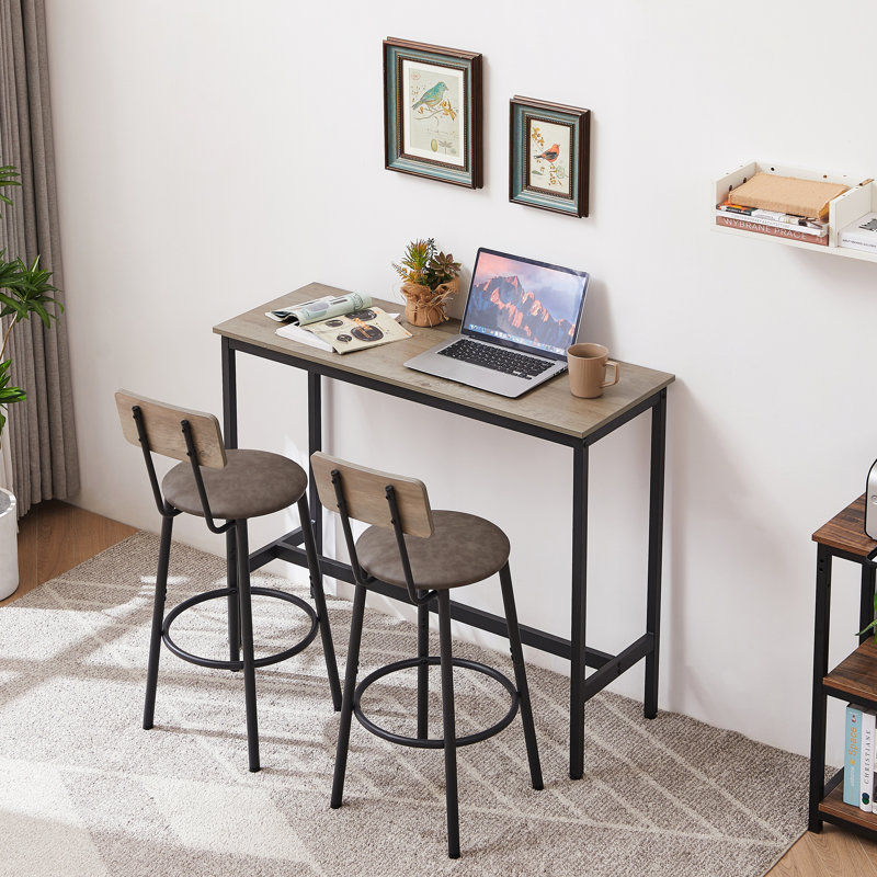 Marthel Bar Table Set With 2 Bar Stools PU Soft Seat With Backrest, Grey, Grey
