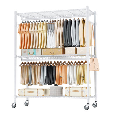 Porte-vêtements robuste avec tablettes grillagées réglables à 3 niveaux, placard autoportant à double tringle avec crochets latéraux