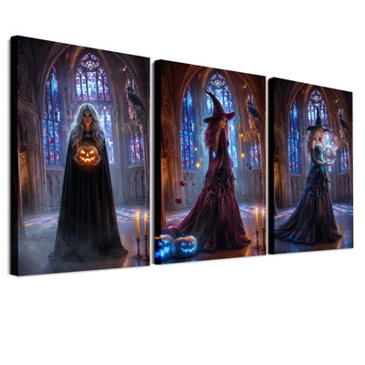 Trois sorcières dans une cathédrale gothique, ensemble de 3 toiles murales pour l'Halloween