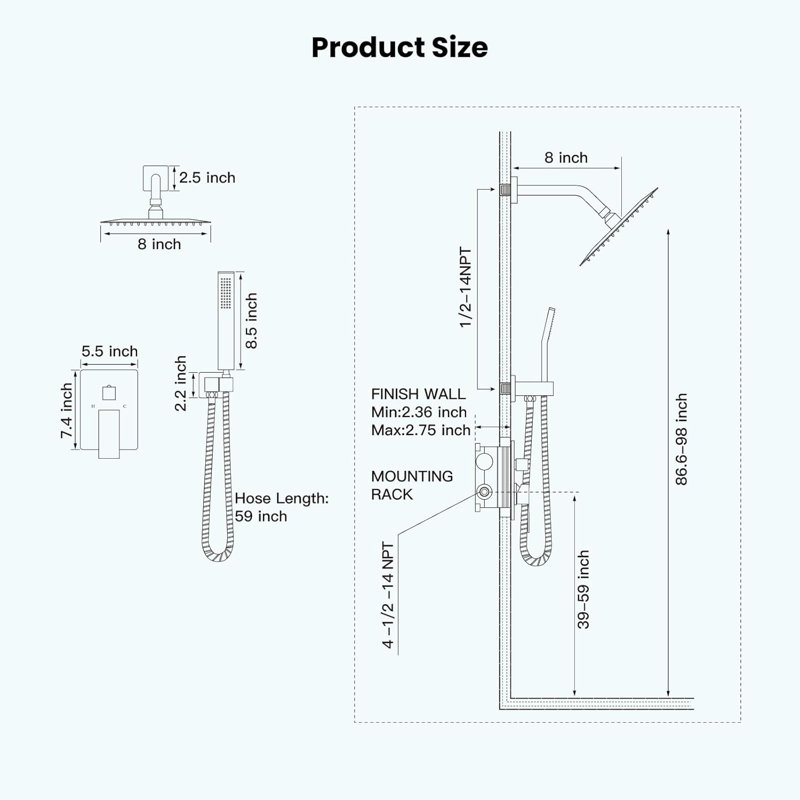 Rainfall Bathroom Shower System Rain Shower Head and Handle Set Wall Mounted Shower Complete Combo Solid Brass Pressure Balancing Shower Mixer Valve 8 Inch Brushed Gold