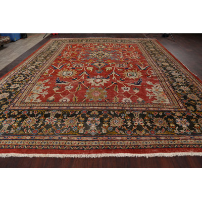 Tapis décoratif en laine de conception unique noué à la main des années 1900 en laine rouge/vert 11 pi 11 po x 14 pi 6 po Sultanabad