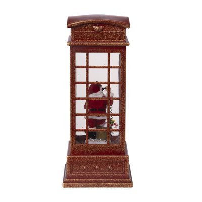 Rotating Christmas Water Globe Phone Booth With Santa Figure – Battery-powered Lighted Holiday Tabletop Decoration, 4x4x10 Inch