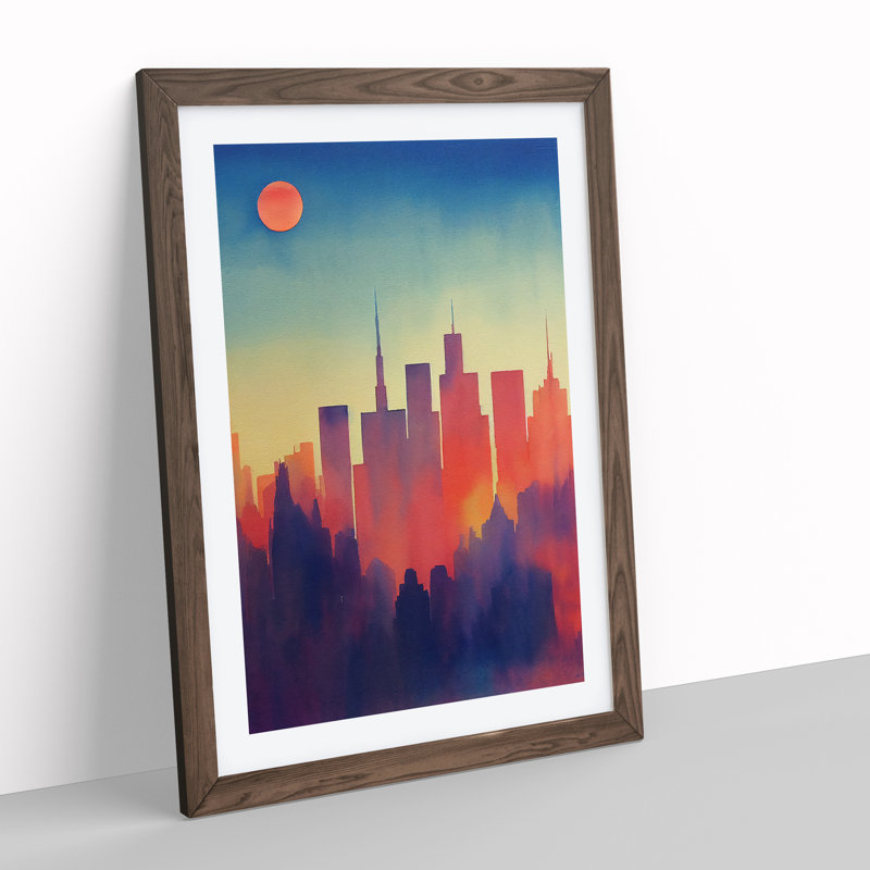 City Skyline Watercolour No.5 - Wall Art, 66cm H x 48cm W x 2cm D, Walnut Framed, White