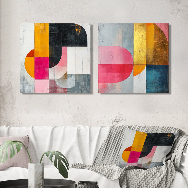 Motif géométrique doré rose et gris «Pure Form I» - art mural géométrique - ensemble de 2 décorations murales modernes