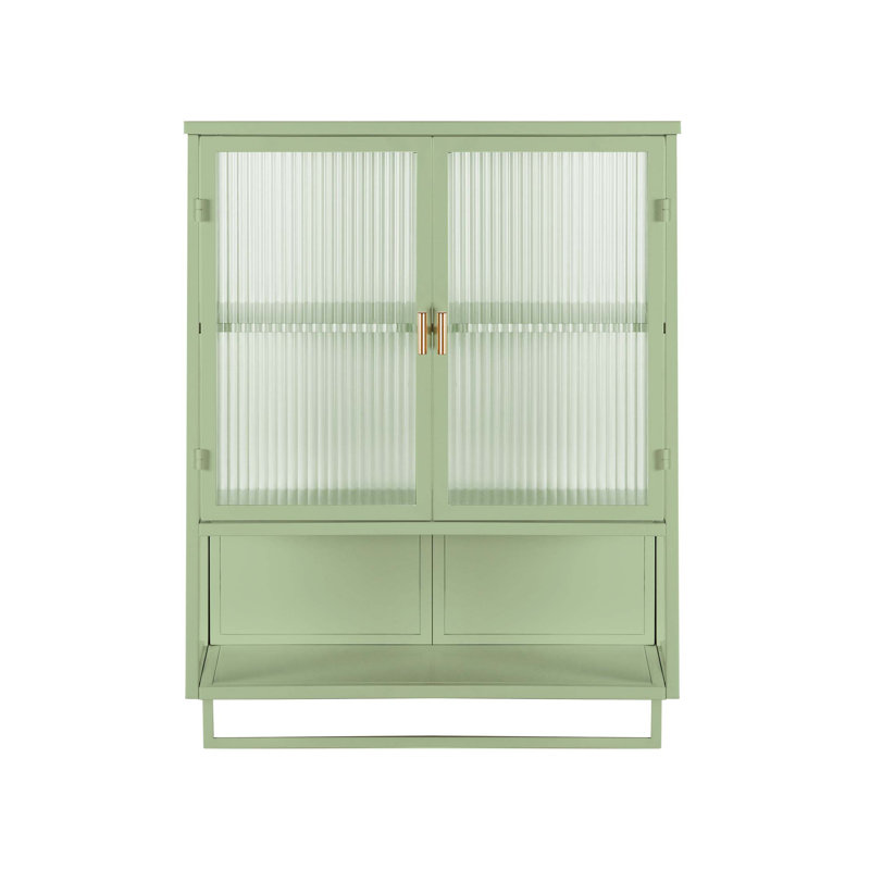 Armoire murale 24 po, 2 portes en verre avec 2 tablettes et porte-serviettes, Vert