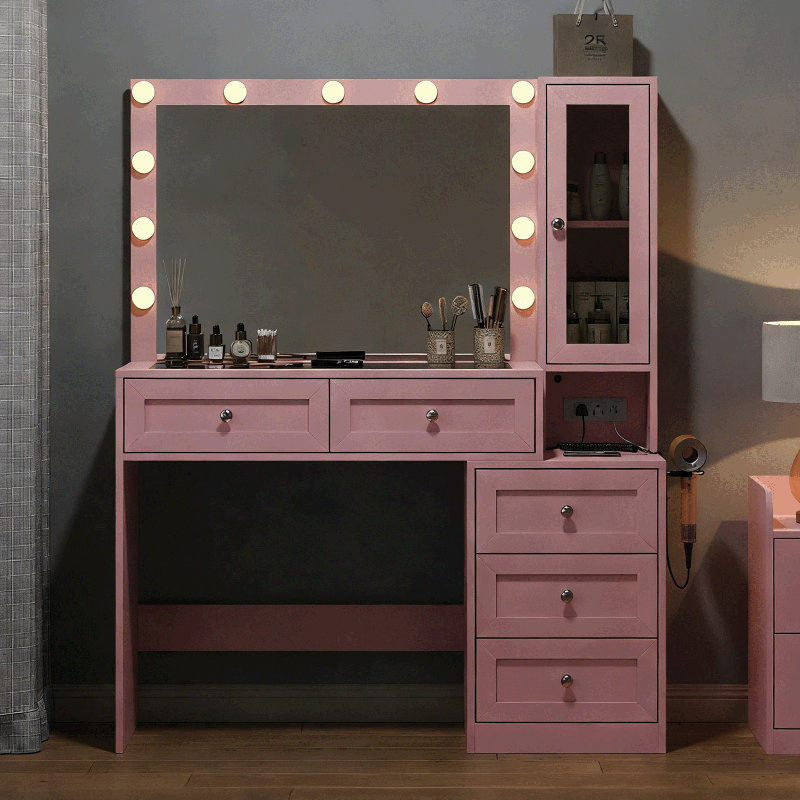 43" W Vanity Desk with Mirror & 11 Lights,Modern Makeup Desk with 5 Drawers,3 Lighting Modes Brightness Adjustable,Power Outlet,Dressing Room Table