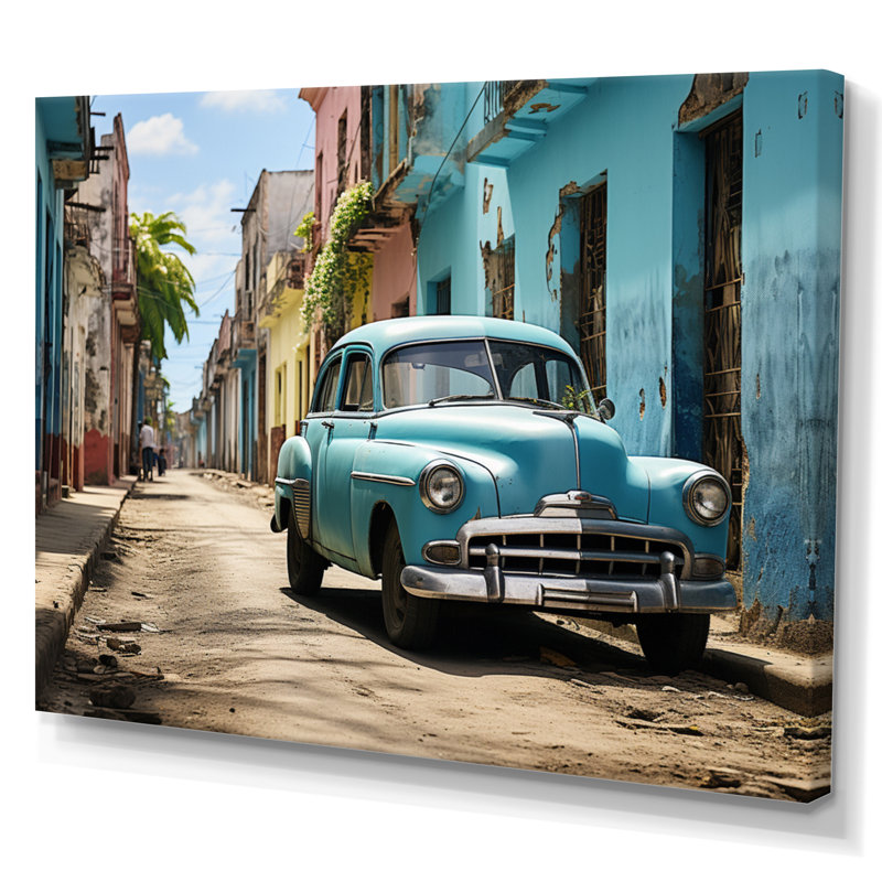 Cuban Classic Blue Car - Transportation Wall Art Living Room, Toile tendue, H 12 po x l 20 po