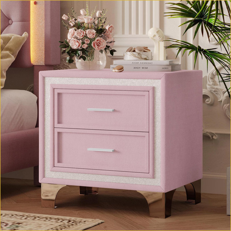 Mid-Century Velvet Nightstand with 2 Drawers &amp; Metal Legs, Pink, Pink