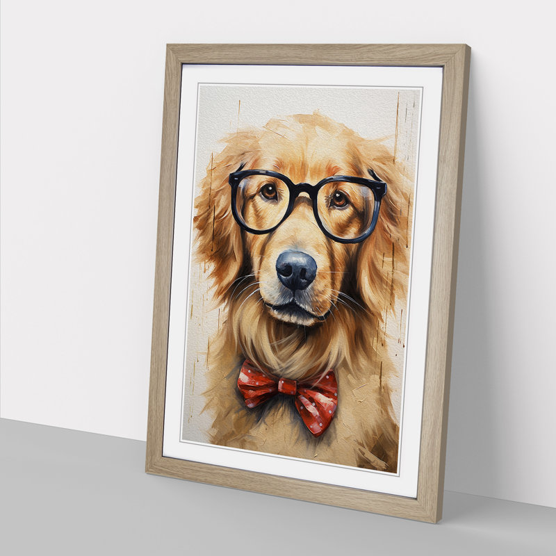 Golden Retriever With Glasses - Single Picture Frame Print on Wood, Oak, 64cm H x 46cm W x 2cm D
