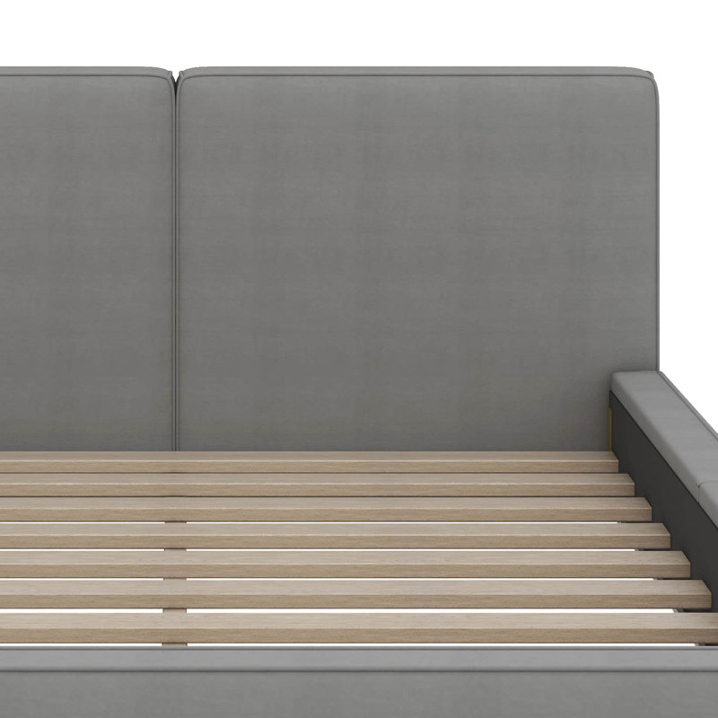 Grand lit tapissier avec base solide, gris
