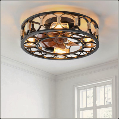 Caged Ceiling Fan With Lights Remote Control, Low Profile Flush Mount Farmhouse Modern Ceiling Fans, 6 Speeds Reversible Blades, 5 LED Bulbs Include(Black)