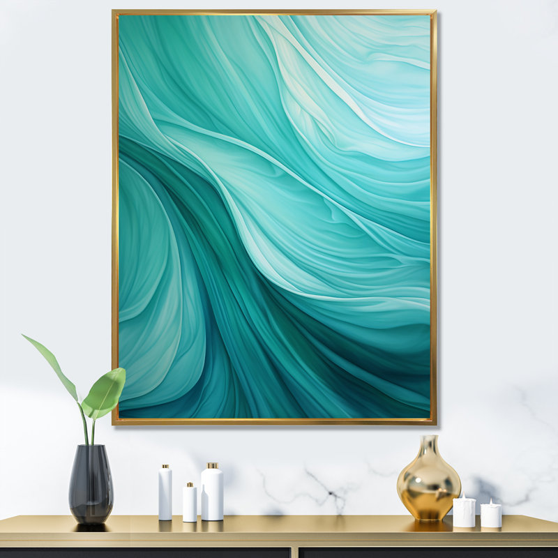 Turquoise, gauchissement des vagues - reproduction d'art sur toile abstraite, Cadre flottant doré, H 32 po x l 16 po