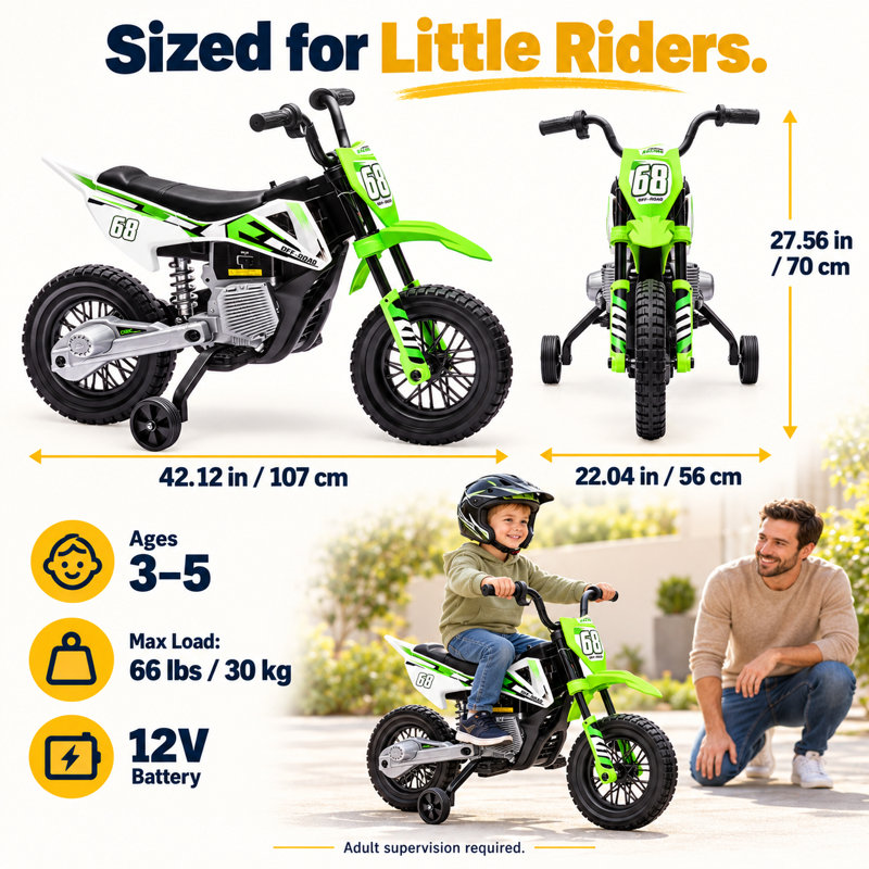 Moto électrique pour enfants Forever Source 12V, roues d'entraînement, suspension à ressort, accélérateur à torsion, lumières DEL et musique, idéale pour les enfants de 3 à 5 ans, vert