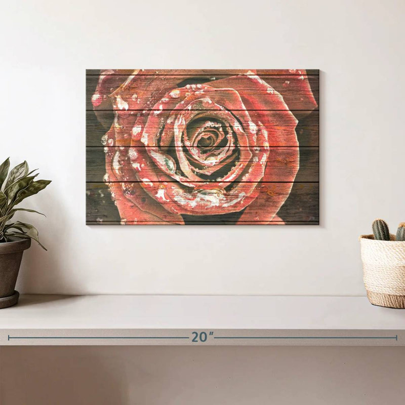 Harnek rose rouge sur bois, H 8 po x l 12 po