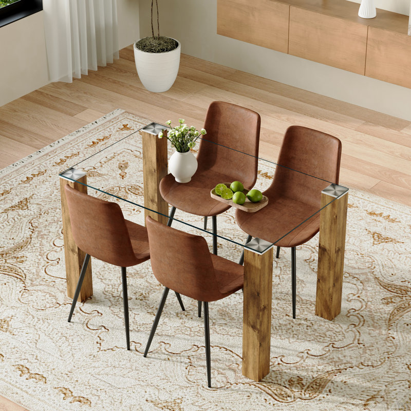 Ensemble de table et de chaises.Une table de salle à manger en verre trempé transparent de 49,6 x 30 pouces avec pieds en panneau de fibres à densité moyenne à grain de bois.