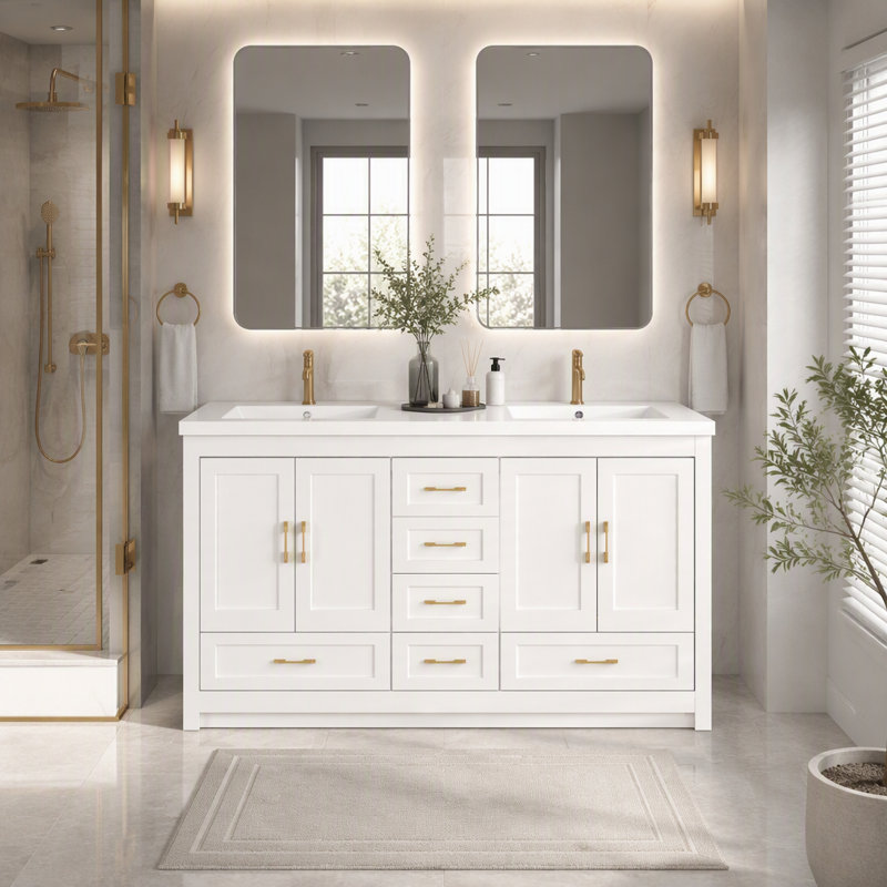 Meuble-lavabo de salle de bain de 60 pouces avec lavabo, armoire de rangement autoportante avec portes et tiroirs, Blanc