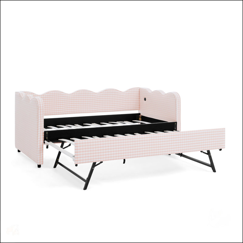 Lit de jour Cozy Gingham avec couchette, canapé-lit simple, aucun sommier nécessaire, port USB, forme de vague adorable, tissu en lin, rose