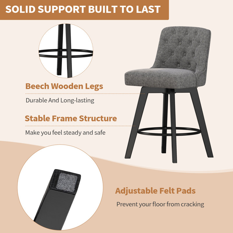 Swivel Upholstered 26'' Counter Stool Wood Leg, Gray, Counter Stool (26" Seat Height), 1