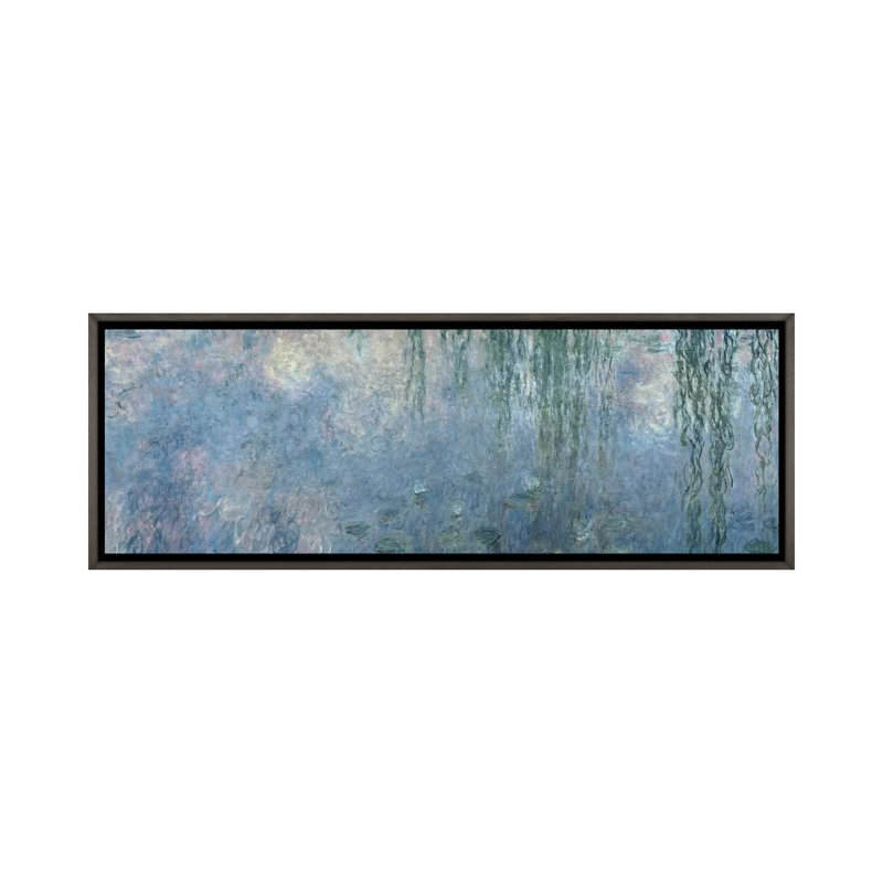 Nénuphars: matin avec des saules qui pleure, H 16 po x l 48 po x 1,5 po, Toile encadrée de bois rustique foncé