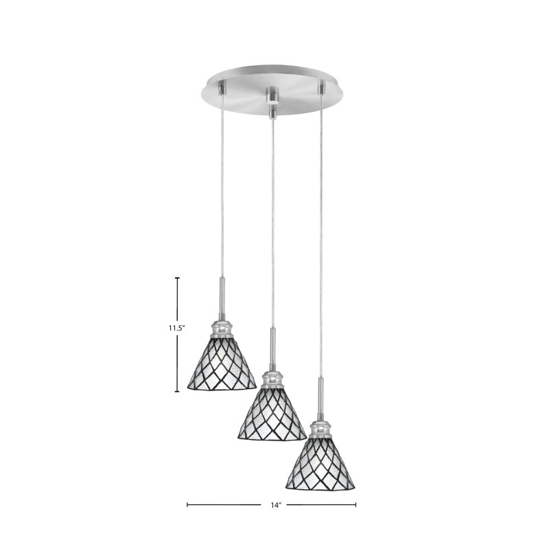Luminaire suspendu grappe à 3 lumières Edge avec finition en nickel brossé et verre de glace à losanges de 7 po