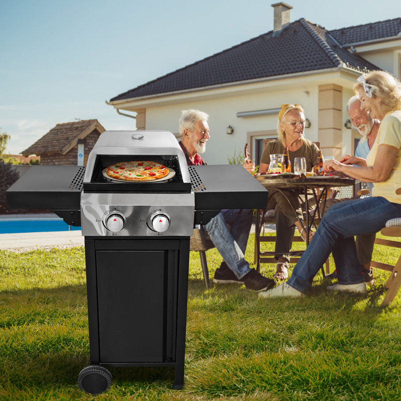 Barbecue au gaz propane à 2 brûleurs, boîte à pizza, sortie 24600BTU avec grilles de cuisson en émail pour barbecue, table d'appoint pliable, panier suspendu, acier inoxydable