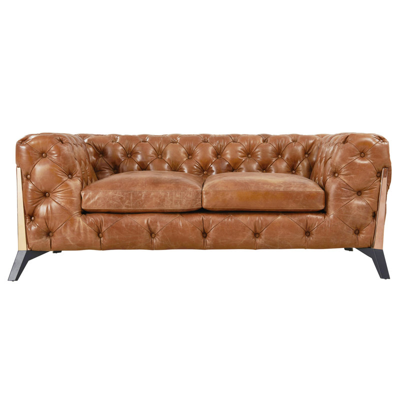 Causeuse Chesterfield en cuir véritable à accoudoirs droits 69 po Olivia