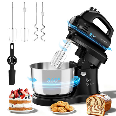 Stand Mixer Electric Kitchen Mixer, 3.2 QT Auto-Rotating Bowl & Beater Tilt-Head 2-IN-1 Standing Hand Mixer, 250 Watt 5-Speed with Turbo Boost Household Mixer with Beaters & Dough Hooks for Baking