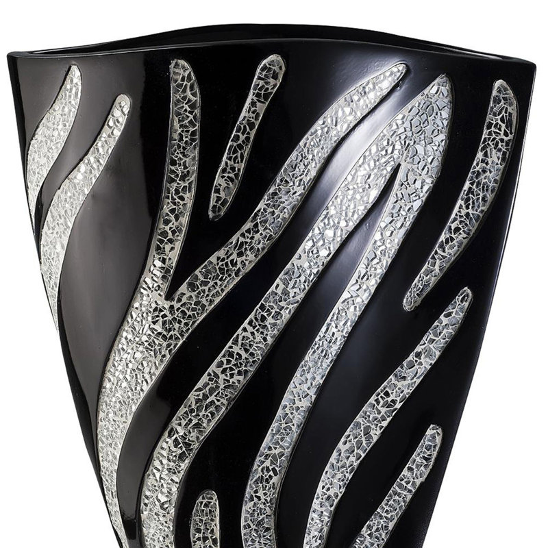 14" Tall Polyresin Decorative Vase, Black finish with Silver Zebra Pattern