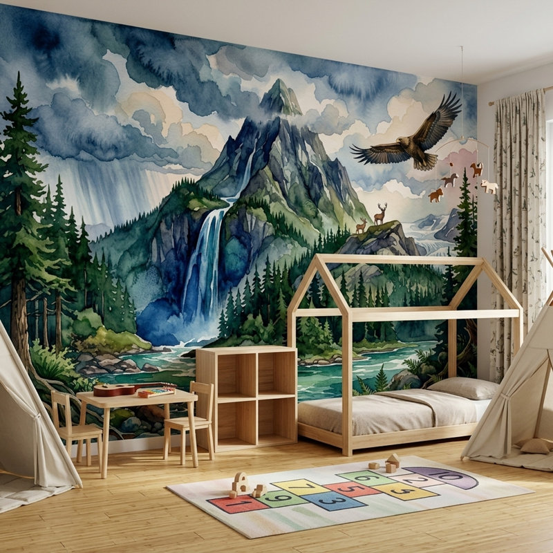 Papier peint paysage de montagne aquarelle cascade murale, 120"x96", Non-Woven Nonpasted