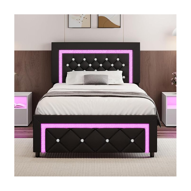 Alber Upholstered Platform Bed Frame with LED Lights,with Diamond Tufted No Box Spring Needed, Black, Twin