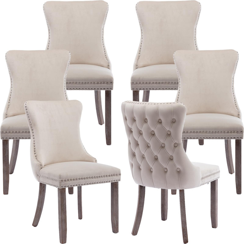  Demarco Luxury Velvet Upholstered Kitchen Dining Chairs, Beige, Oak Wood, 6
