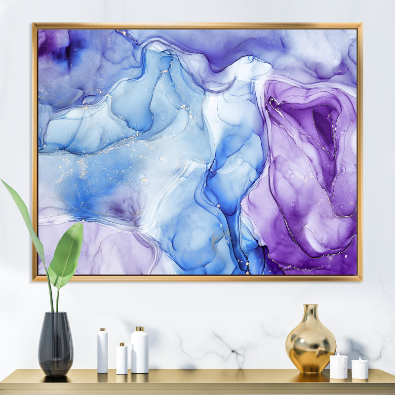 Art à l'encre bleue et mauve, impression sur toile, H 24 po x l 32 po x P 1 po, Cadre flottant doré
