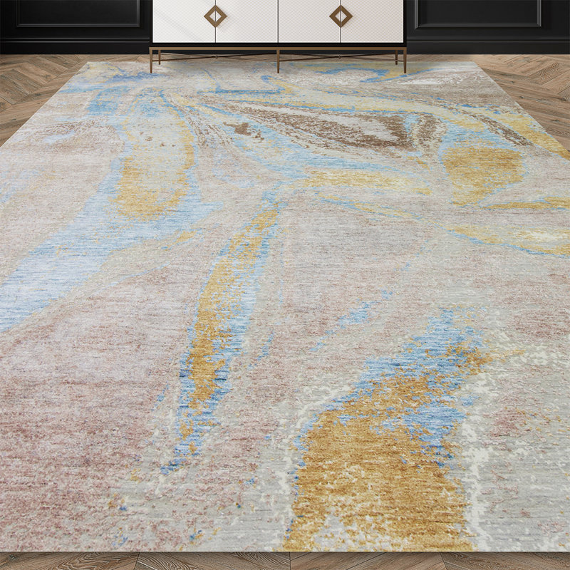 Tapis argent / gris / bleu noué à la main de haute qualité, Rectangle 8 pi x 10 pi