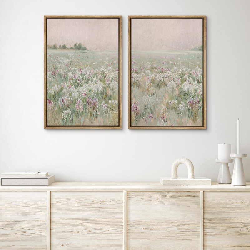 Wildflowers " Serene Meadow Field Pastel Floral Landscape In Hazy Dawn Light Modern Art Wall Decor Artwork " 2 - Pieces