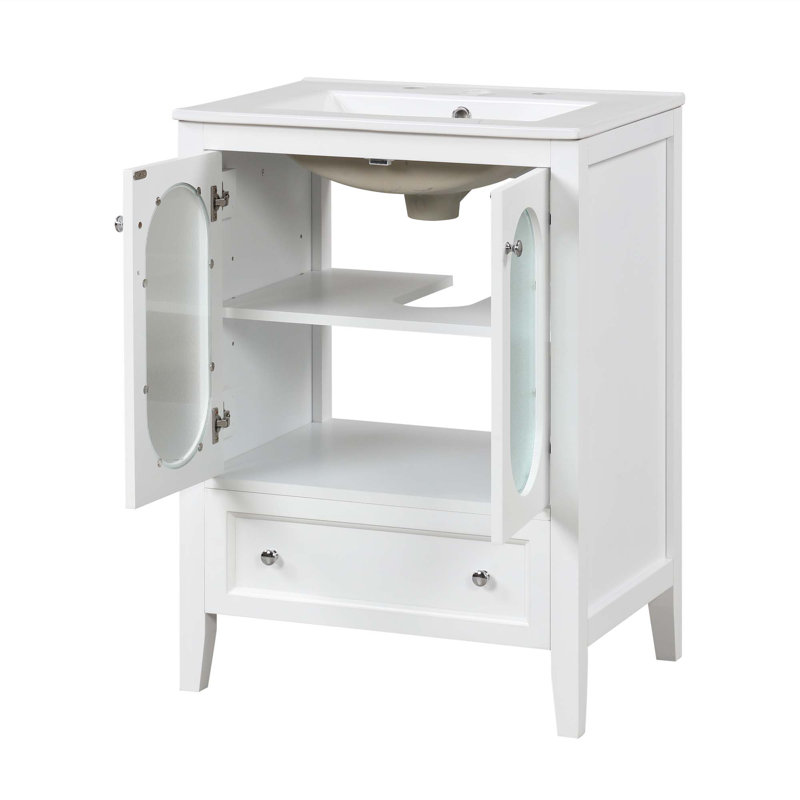 Meuble-lavabo 24 po avec lavabo, meuble-lavabo avec tiroir et portes, tablette réglable, bois massif et panneau de fibres à densité moyenne 24 po